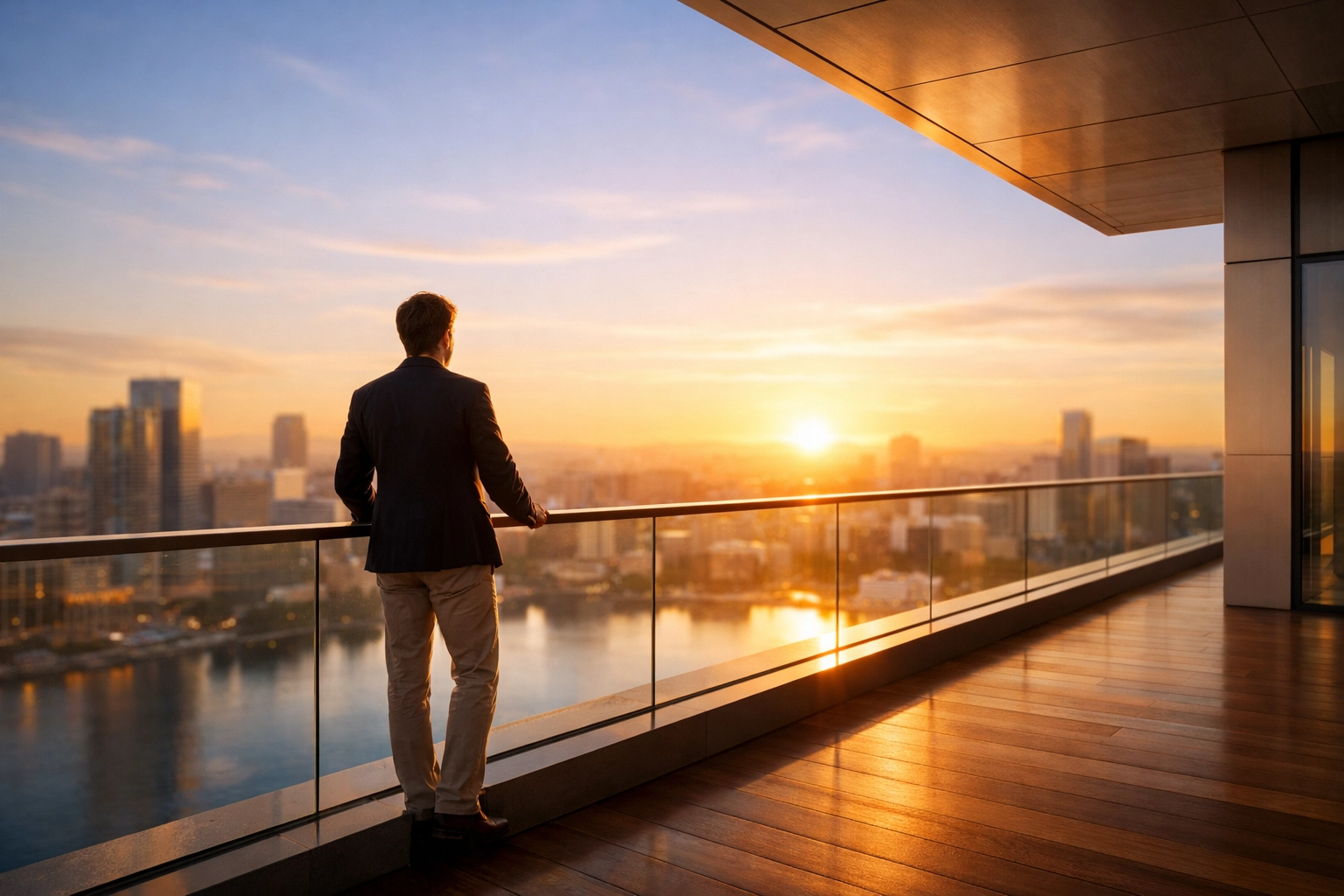 Person looking at a city sunrise, symbolizing financial freedom and moving forward with fast loans.