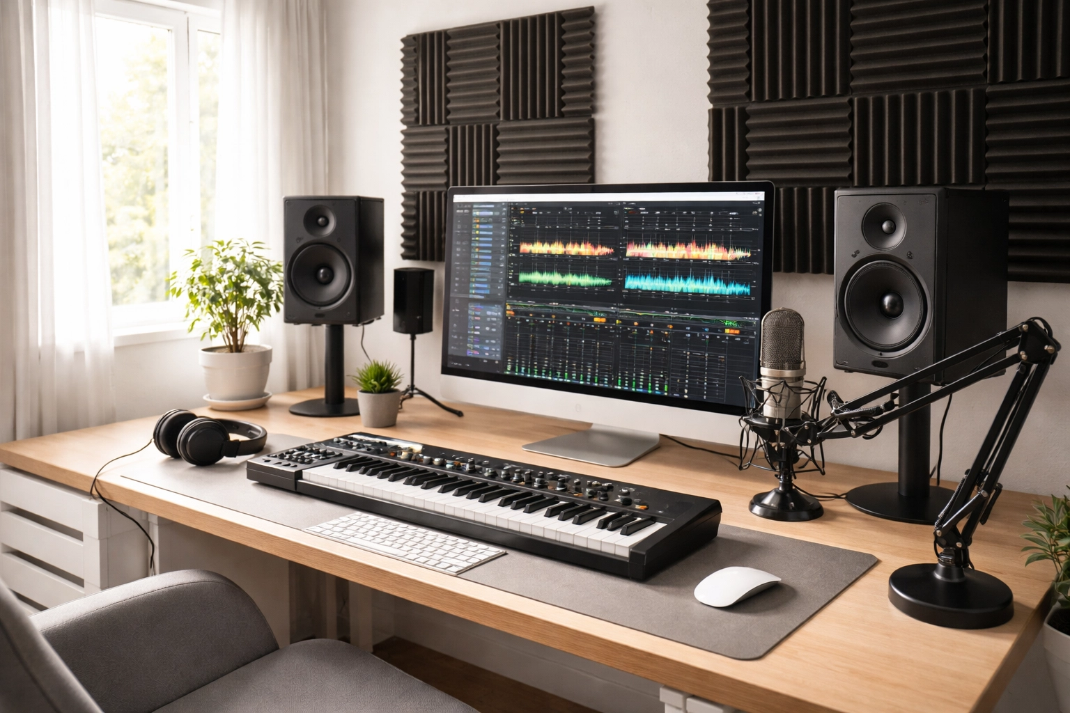 Modern home recording studio with mixing software, highlighting AI tools in music production workflows