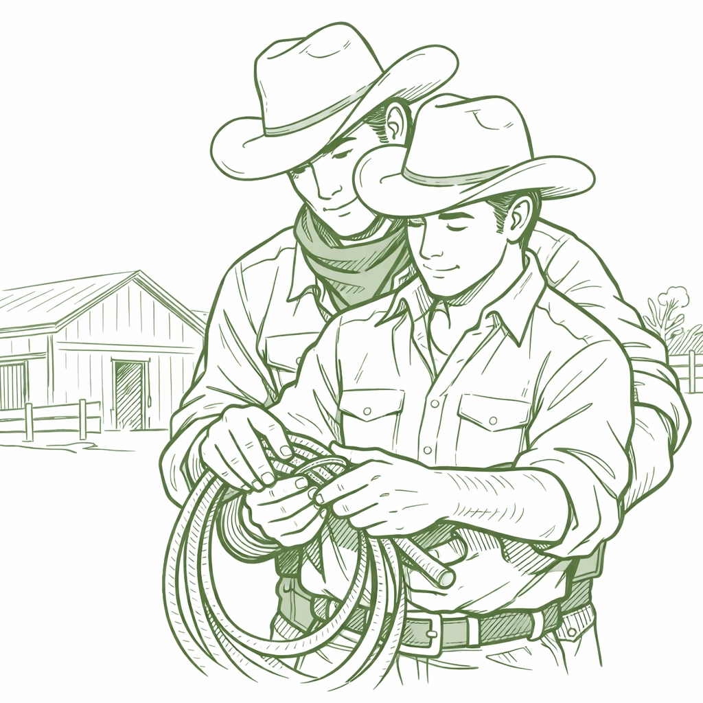 Two male ranch hands working closely together in Old West bunkhouse showing frontier partnership
