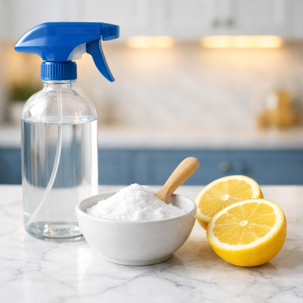 Eco-friendly cleaning supplies including baking soda and lemons for natural pet odor removal.