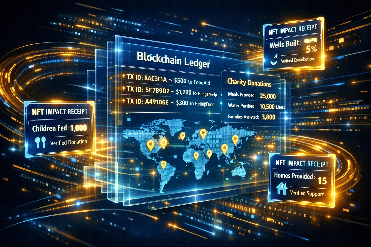 Blockchain ledger tracking Larecoin charitable contributions to hunger relief organizations worldwide