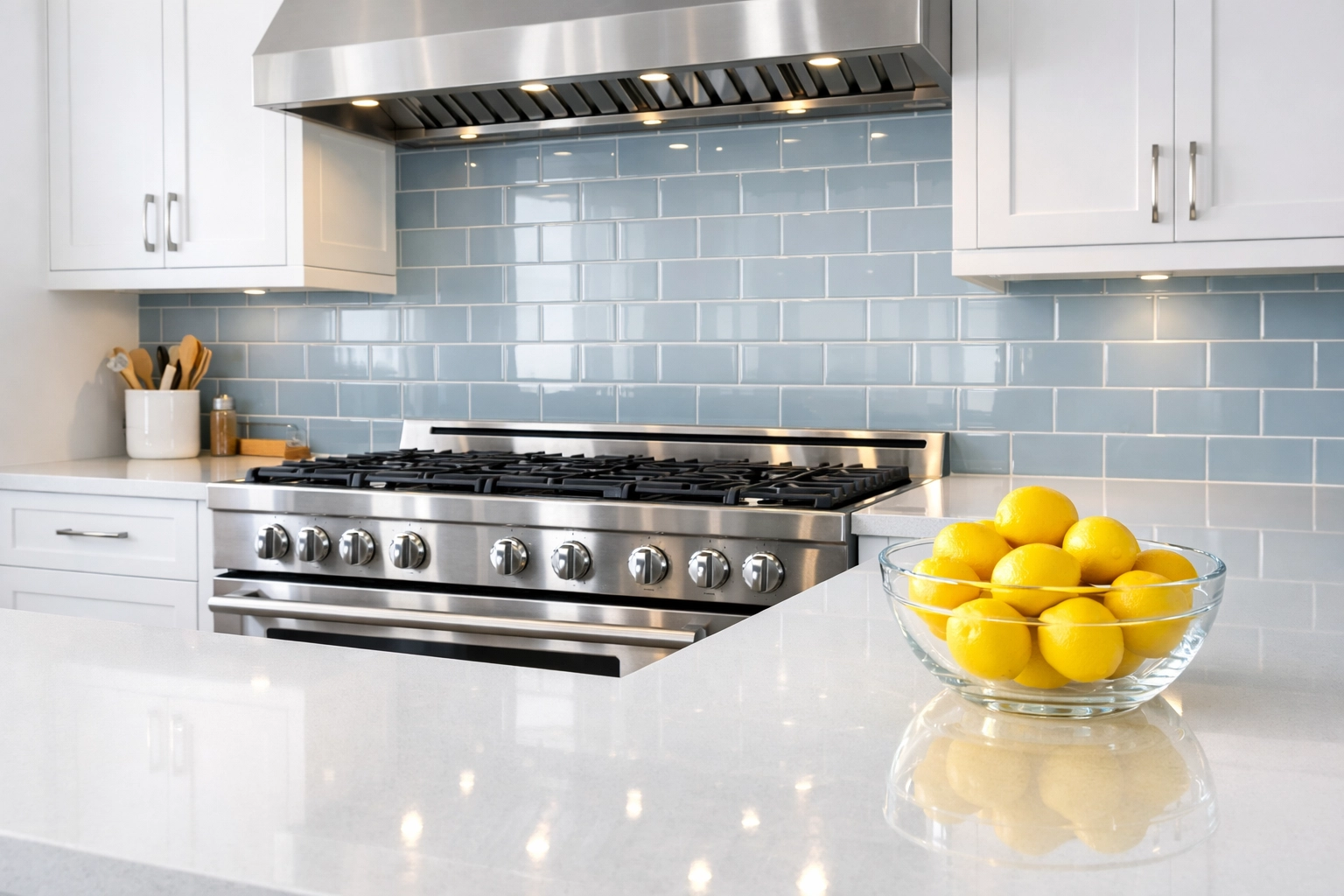 Sparkling clean kitchen with white countertops after a professional bi-weekly house cleaning in Franklin.