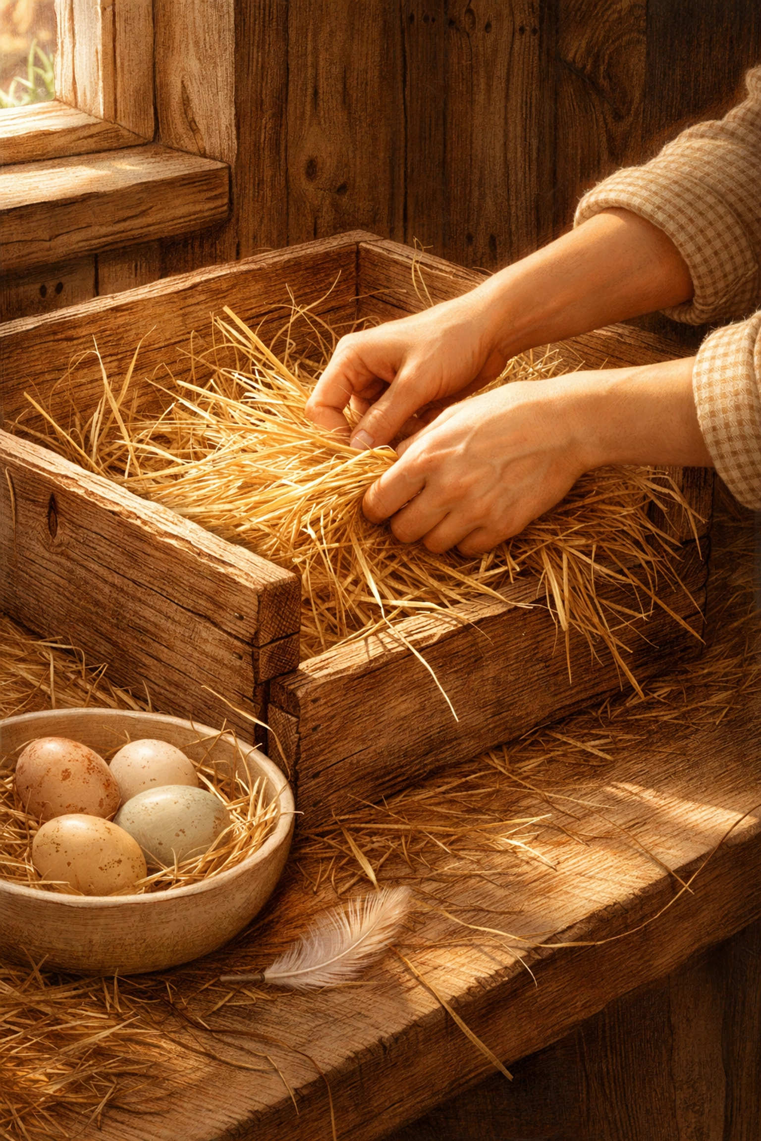 Hands adding fresh straw to a nesting box beside speckled eggs, demonstrating care and consistency in farm life