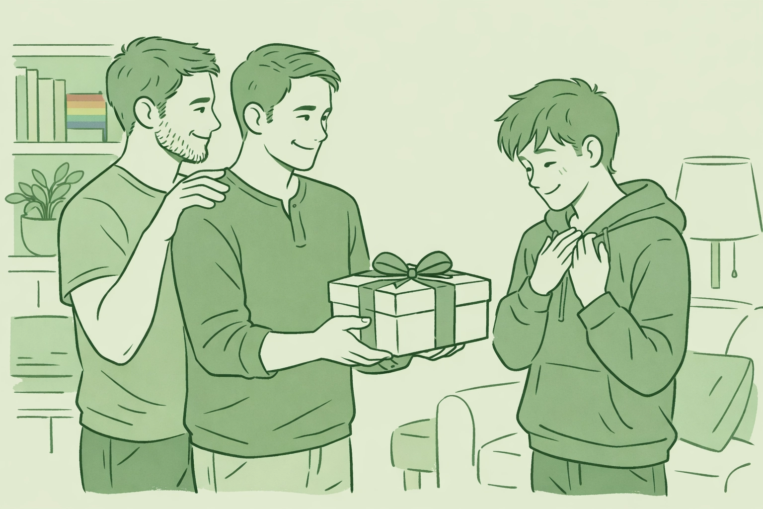 Two gay fathers present Coming Out Kit to their teenage son in loving home