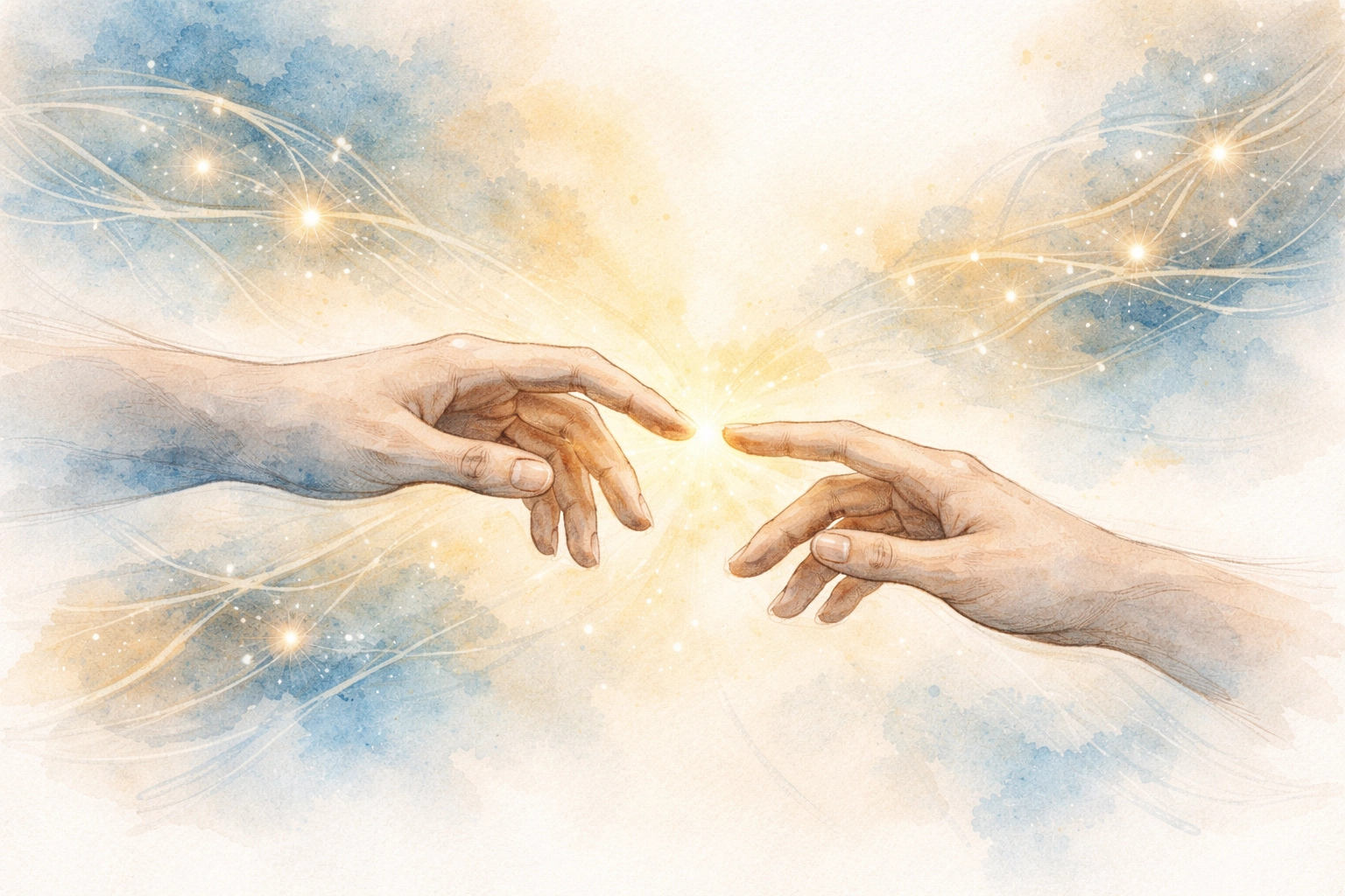 Watercolor illustration of two hands reaching out, symbolizing connection and emotional safety in a church community.