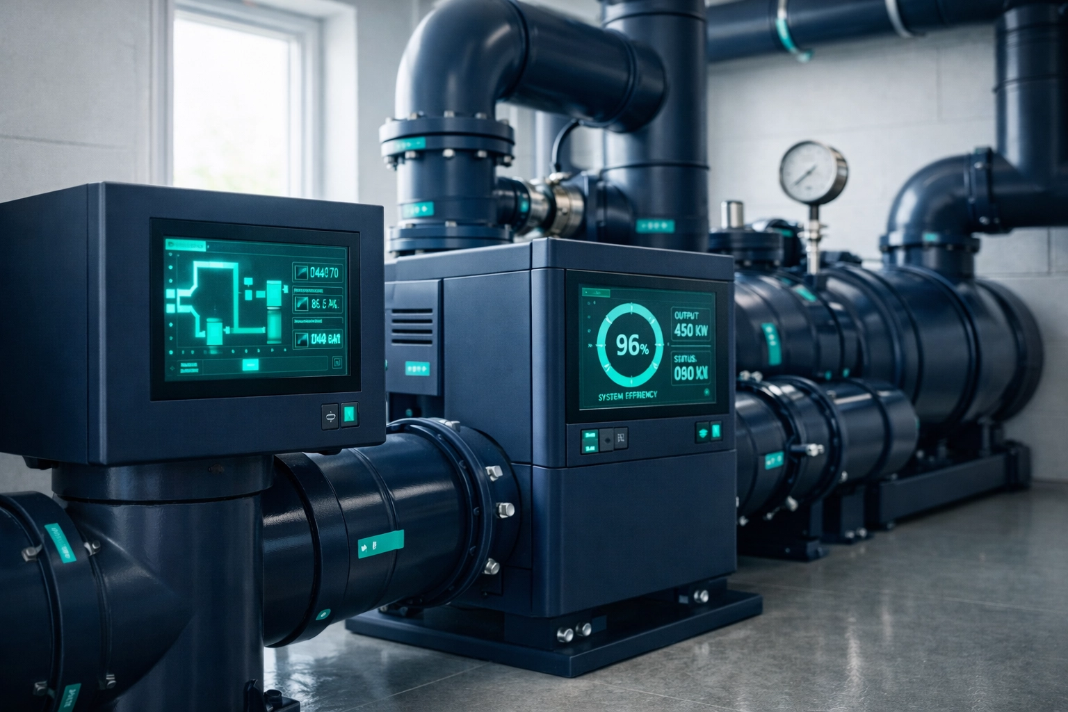 Compact article style visual of a smart meter and tidy commercial utility equipment with navy and teal accents.