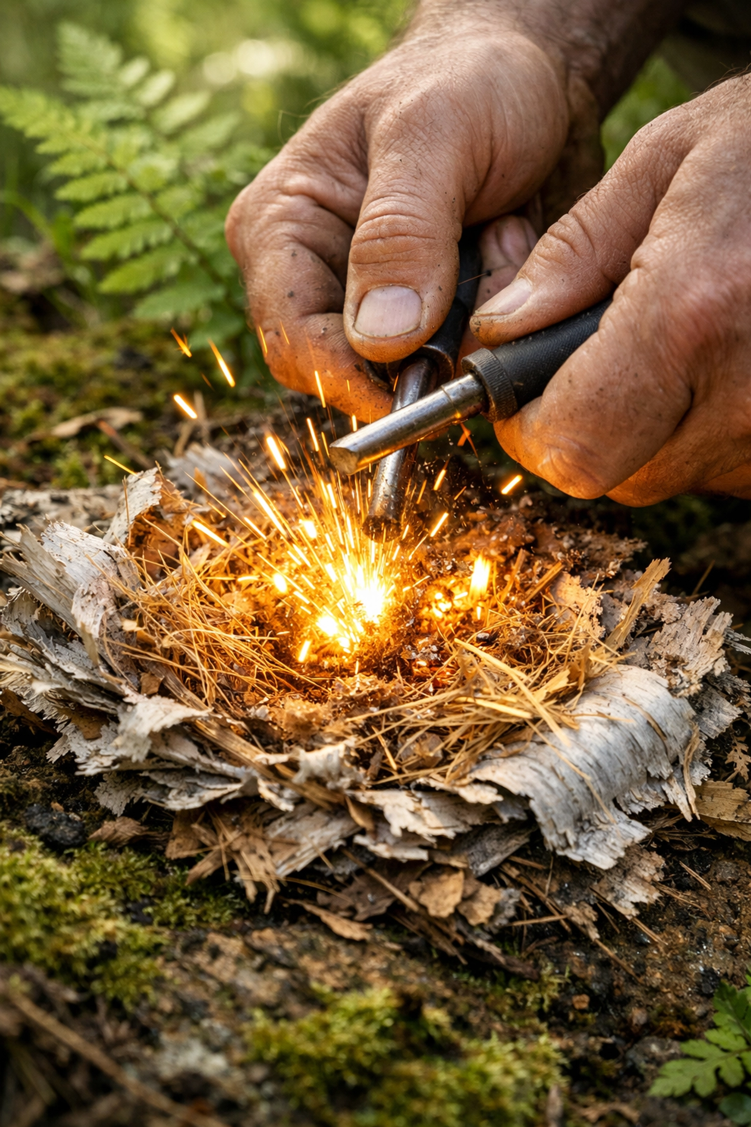 Hands using a ferro rod to spark a campfire on birch bark during a UK camping adventure.