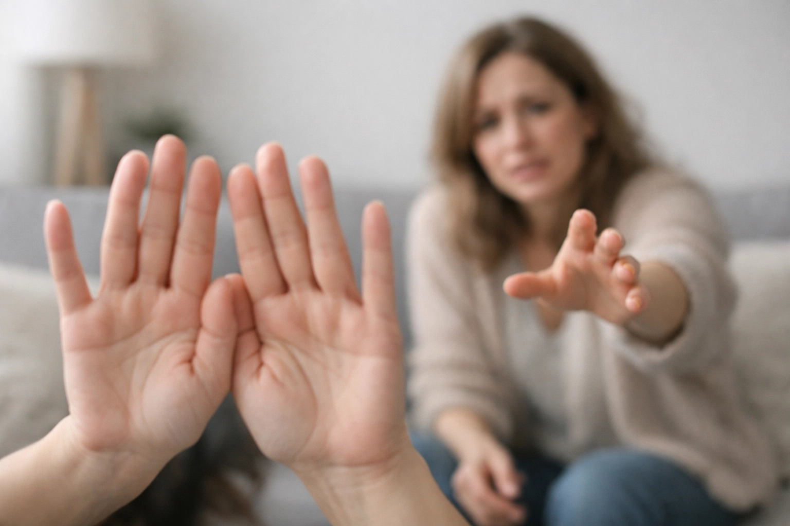 Defensive hands in stop gesture illustrating lack of accountability in relationships