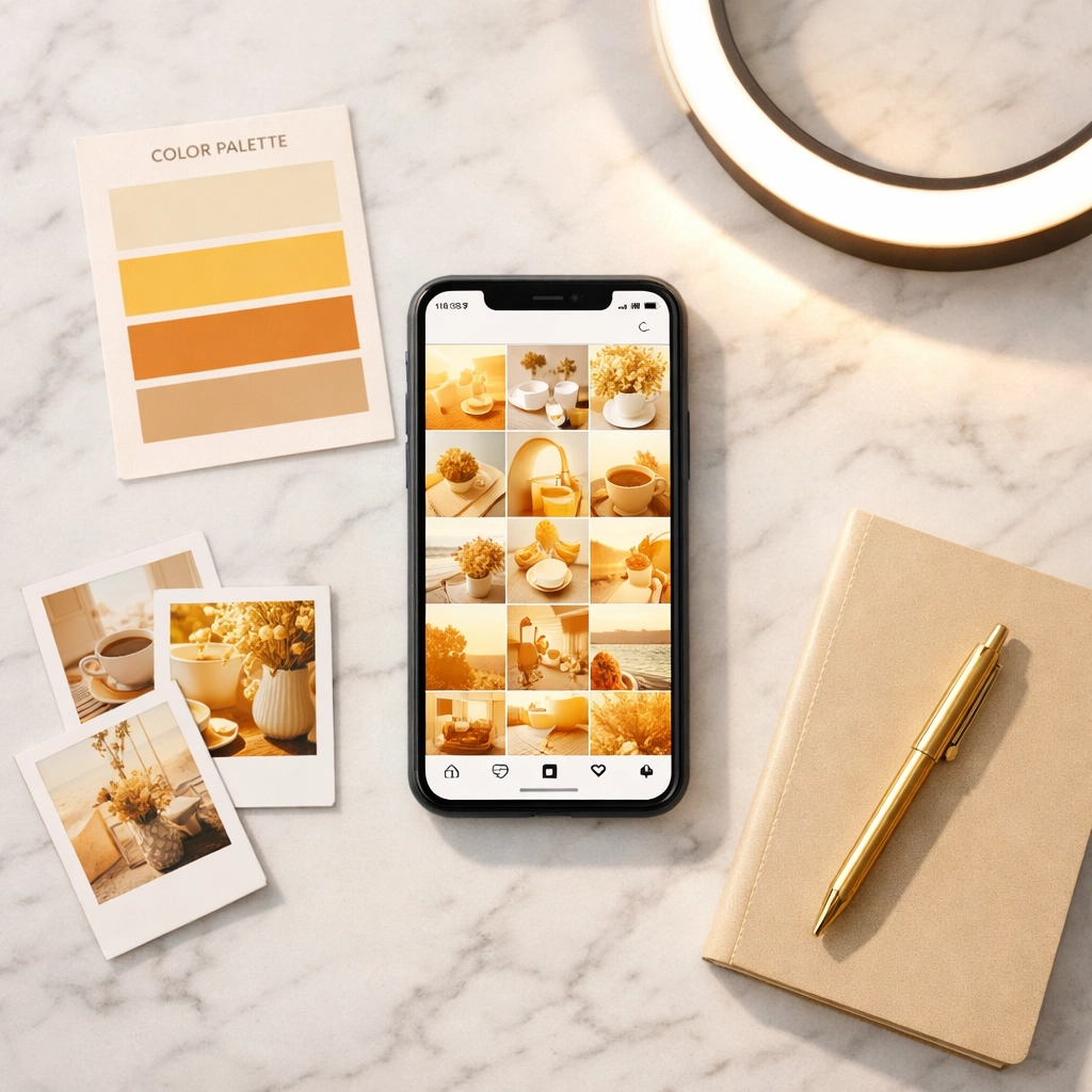 Espace de travail créatif avec feed Instagram cohérent et outils de planification de contenu