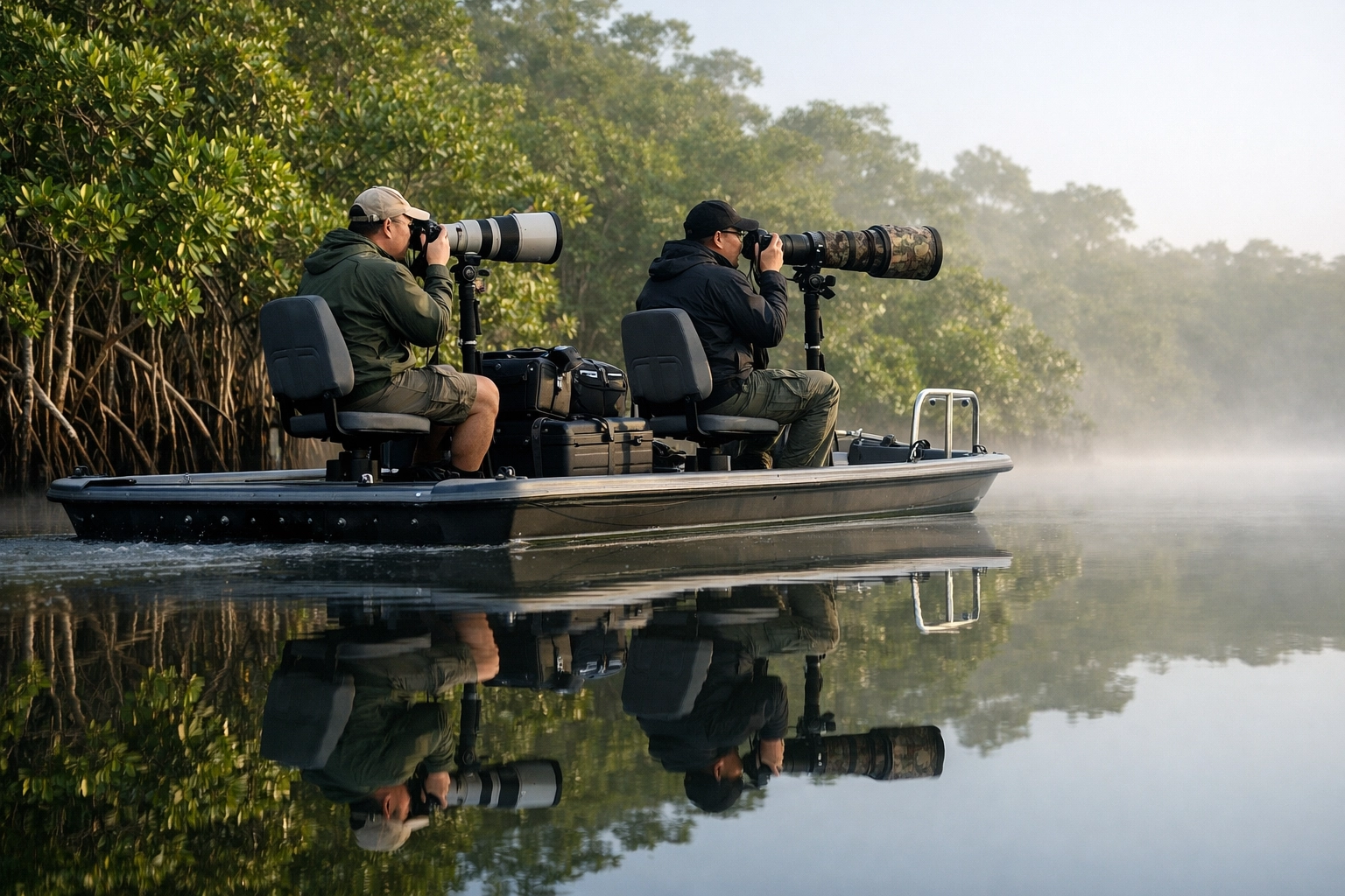 Professional photographers on a private boat tour capturing wildlife in the Everglades mangrove forests.