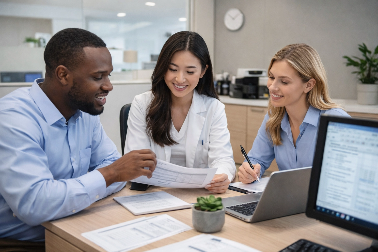 Diverse healthcare admin team collaborates in a medical office workspace, illustrating team-based specialized staffing for healthcare.
