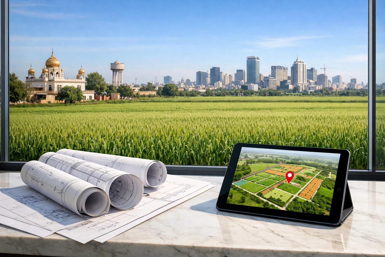 Property maps and architectural blueprints overlooking the Ludhiana skyline for Punjab real estate.