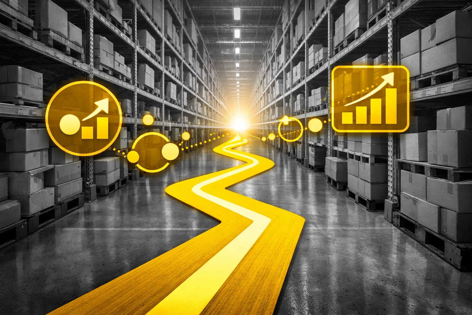 An organized fulfillment warehouse with a yellow line to success through Amazon account management services.