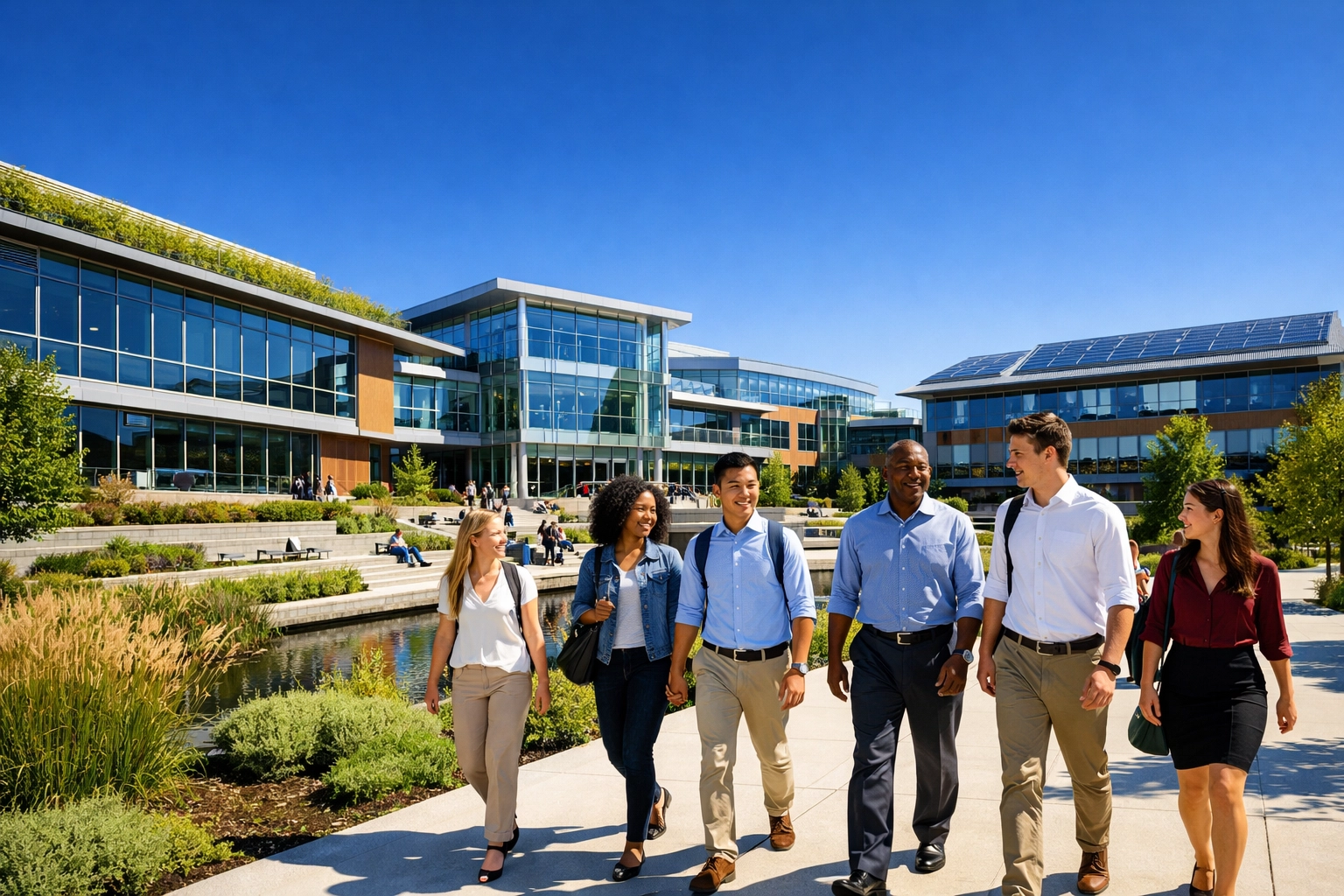 Students and mentors walking through a modern future-ready school campus with glass architecture.