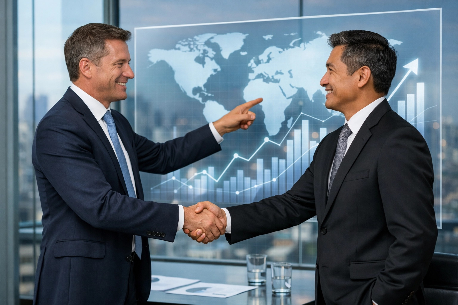 Strategic consulting professionals collaborating on a global expansion plan with digital data visualization.