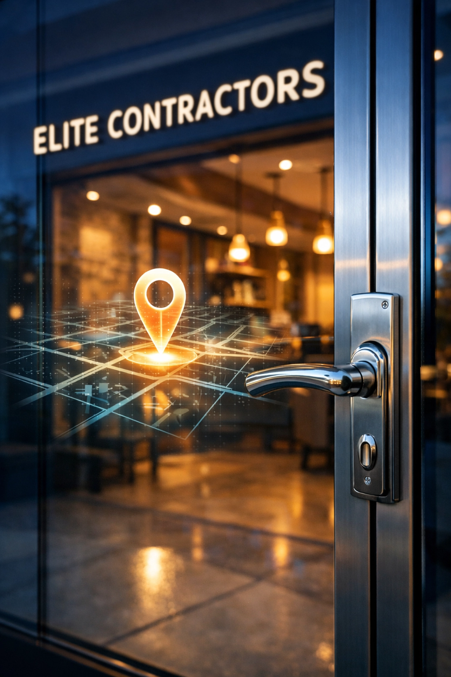 Modern storefront reflecting a map pin, highlighting essential local SEO services for accurate business listings.