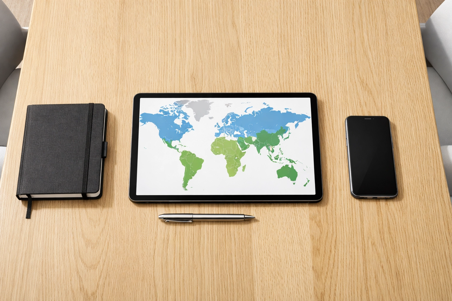 Tablet displaying a global map for ServiceNow ITOM resilience and international regulatory compliance monitoring.