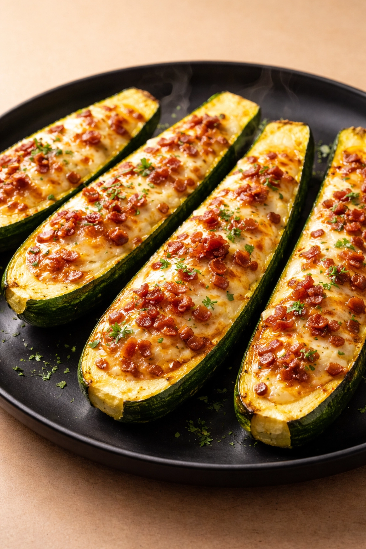 Grilled bacon and cheese zucchini boats with melted cheese served on a dark plate, perfect high-protein keto meal