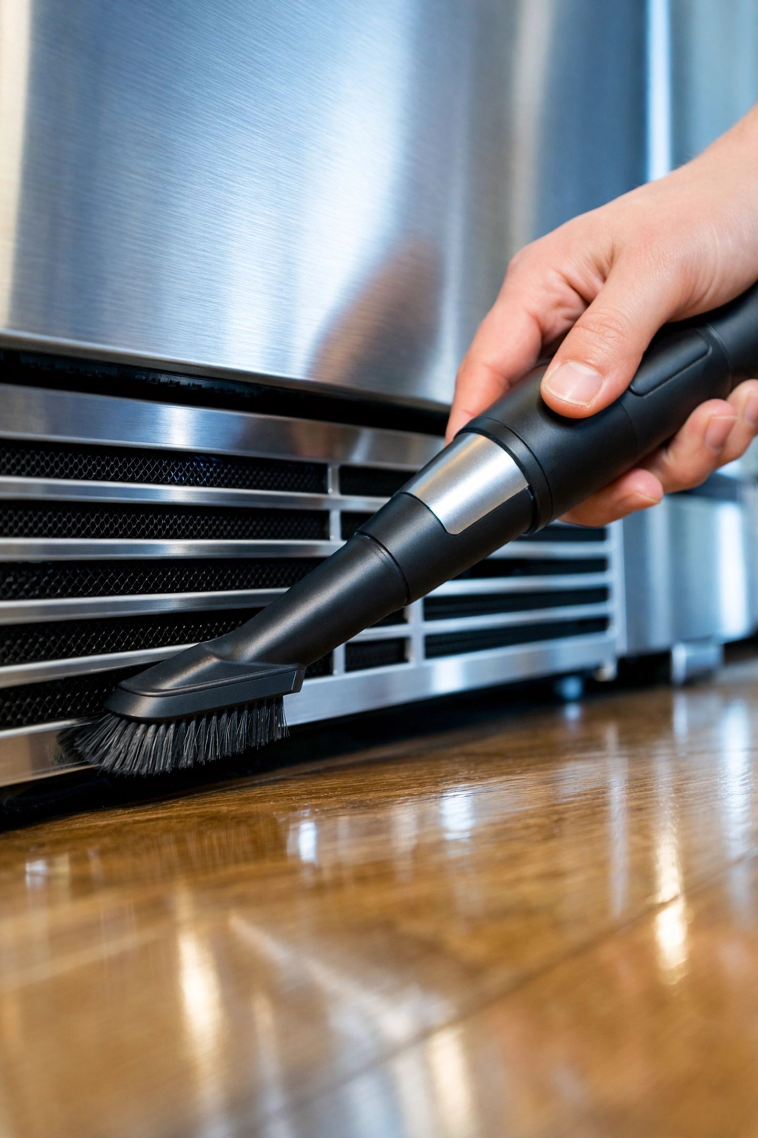 Vacuuming dust from refrigerator coils using a brush attachment for better efficiency.