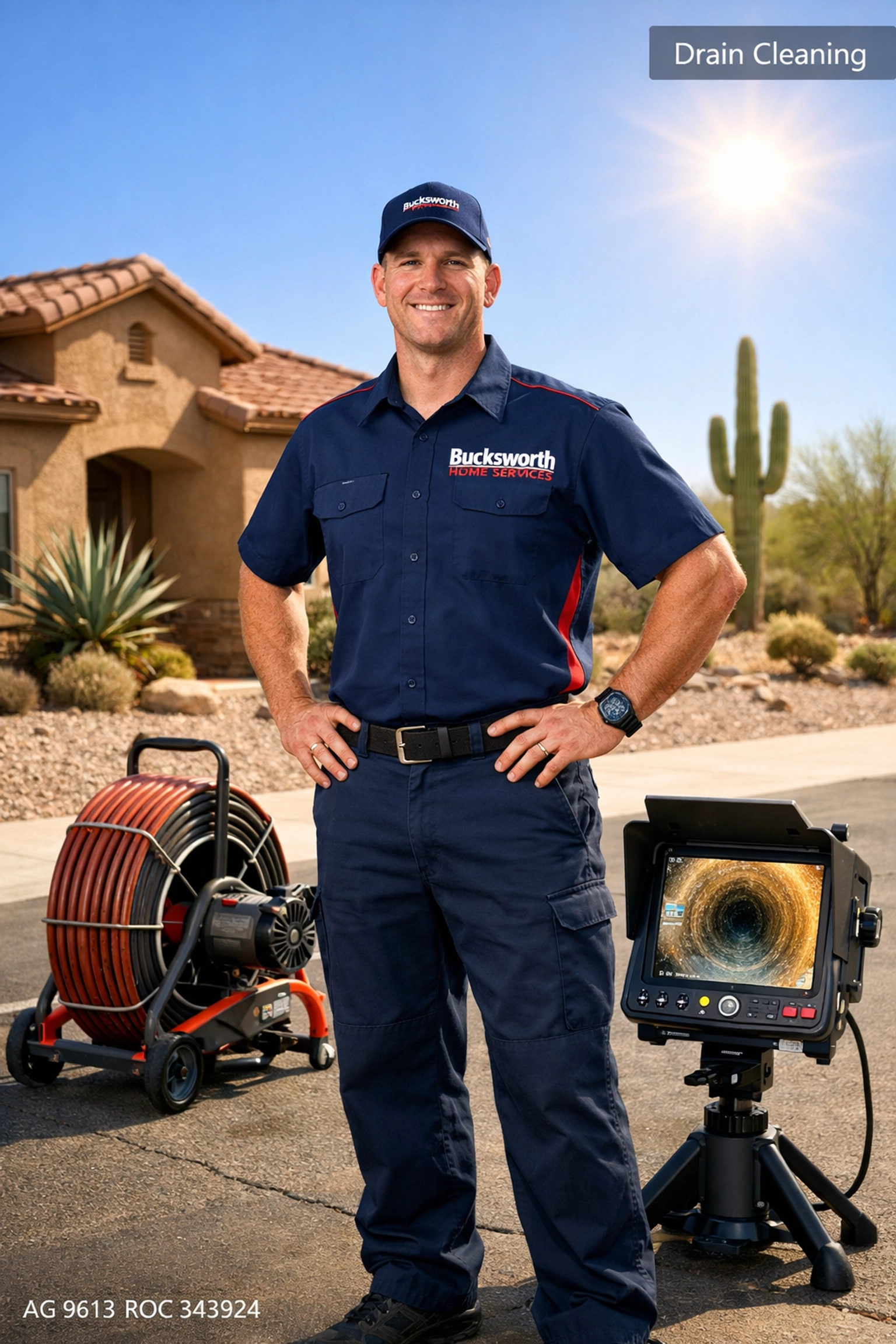 Bucksworth Home Services technician with professional drain cleaning equipment and sewer camera monitor in Florence, AZ.