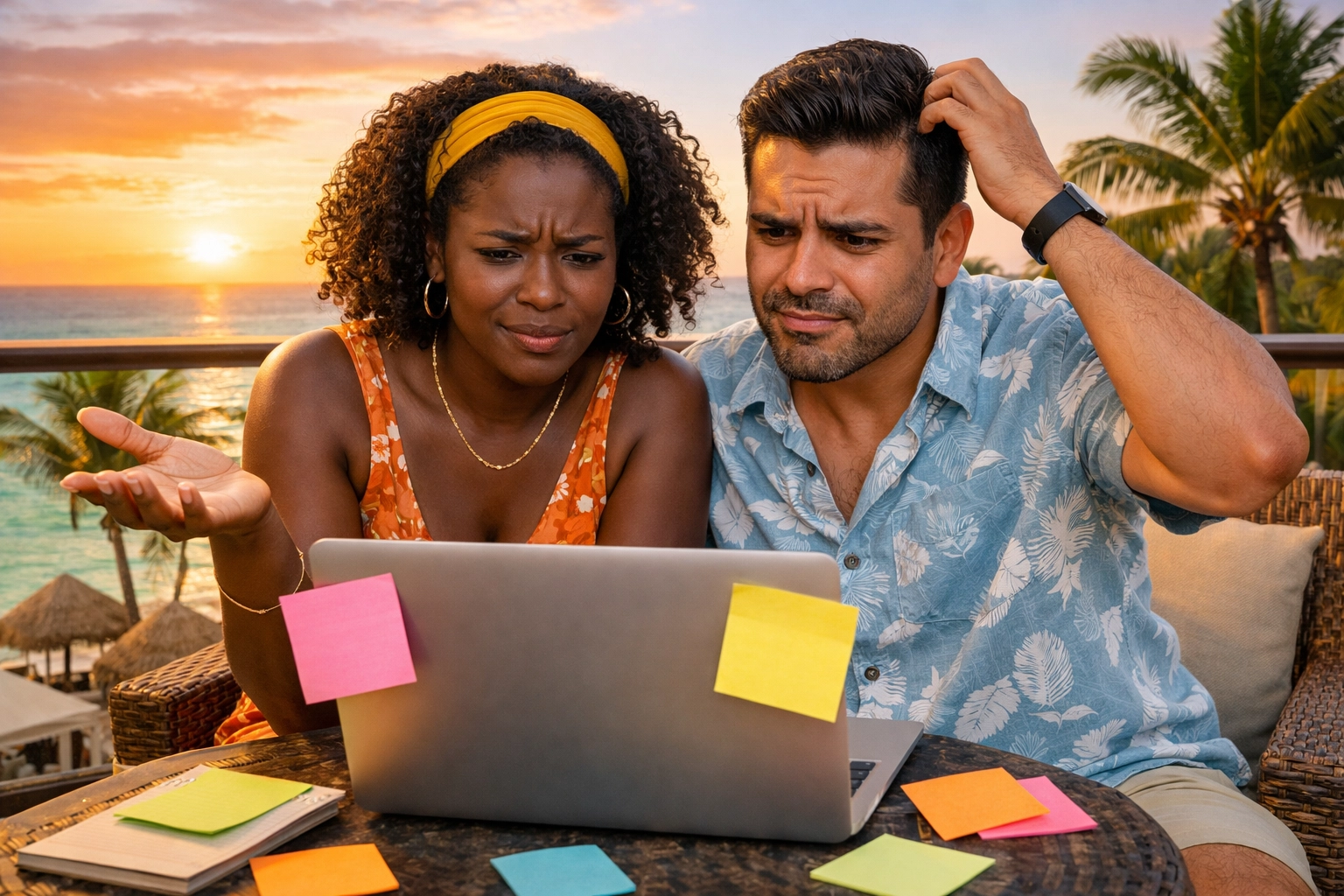 Couple researching lifestyle travel options on resort balcony at sunset