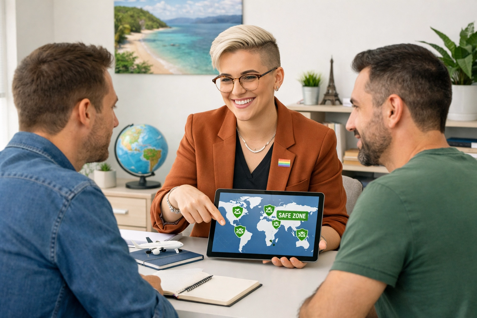 Professional queer travel advisor helping a gay couple plan a safe vacation with digital mapping.