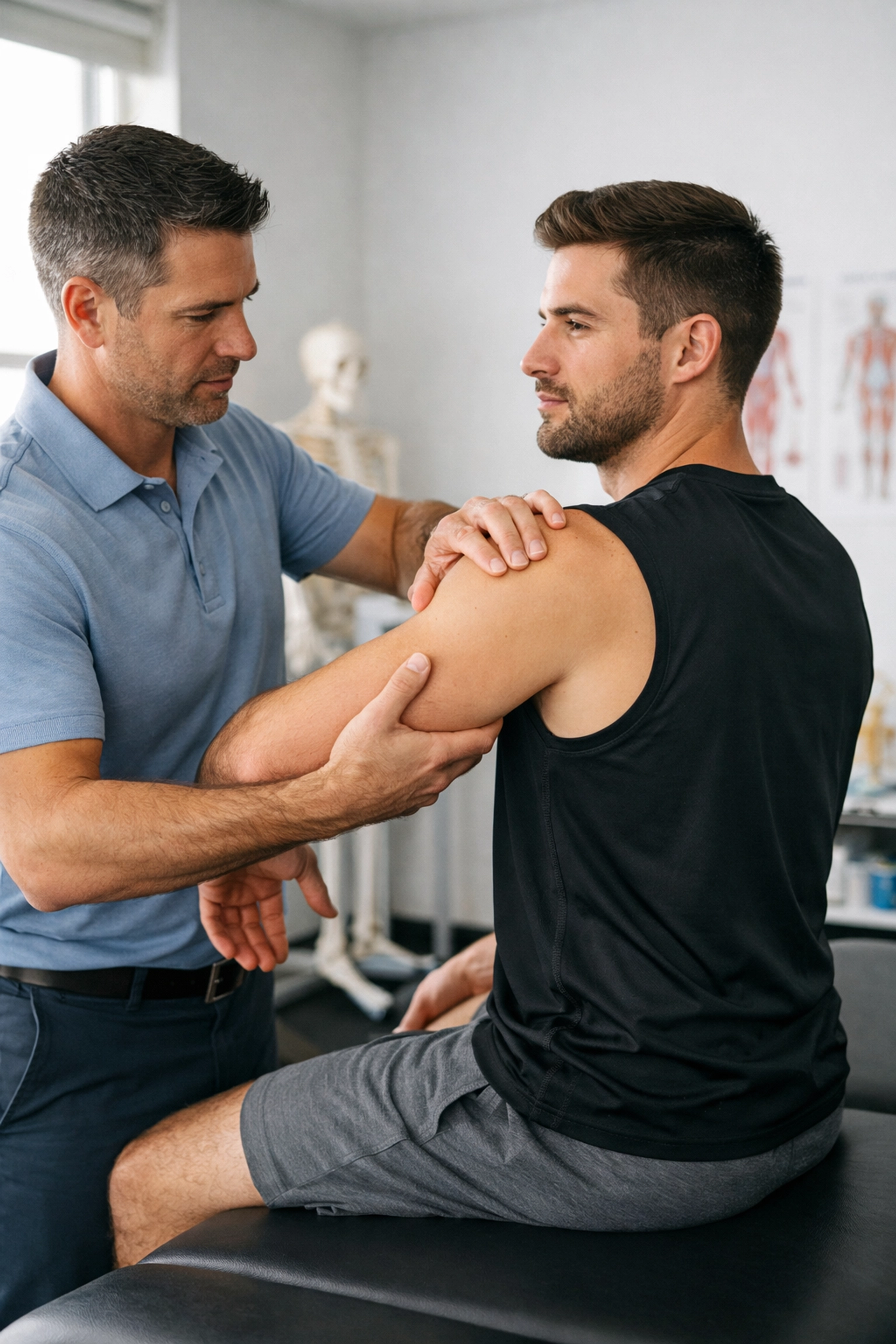 Sports chiropractor performing shoulder assessment on athlete during injury evaluation
