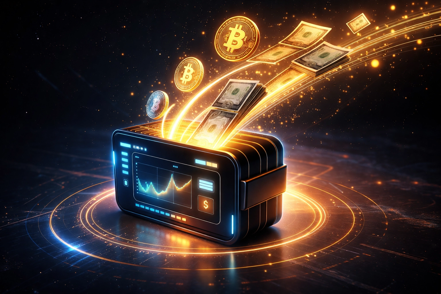 Futuristic crypto wallet receiving direct payments without intermediaries, highlighting reduced merchant fees with Larecoin self-custody.