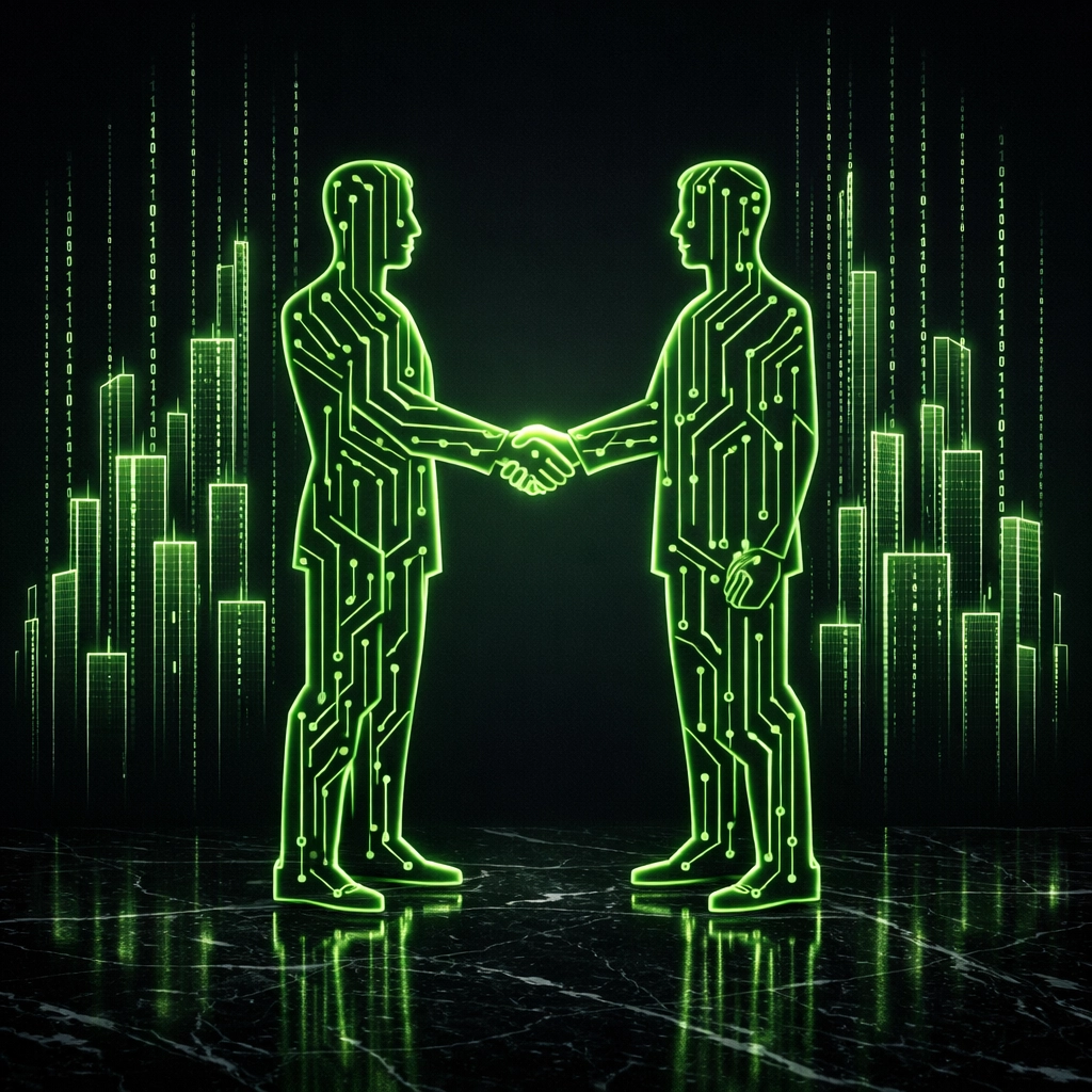 Digital handshake symbolizing a secure professional ad leasing and SEO agreement.