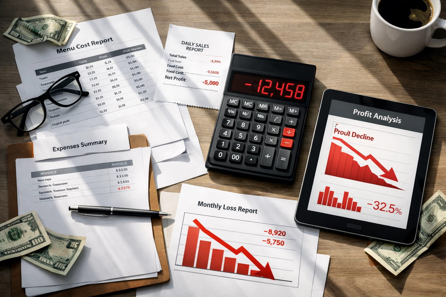 Restaurant financial documents showing revenue leaks and declining profits on desk