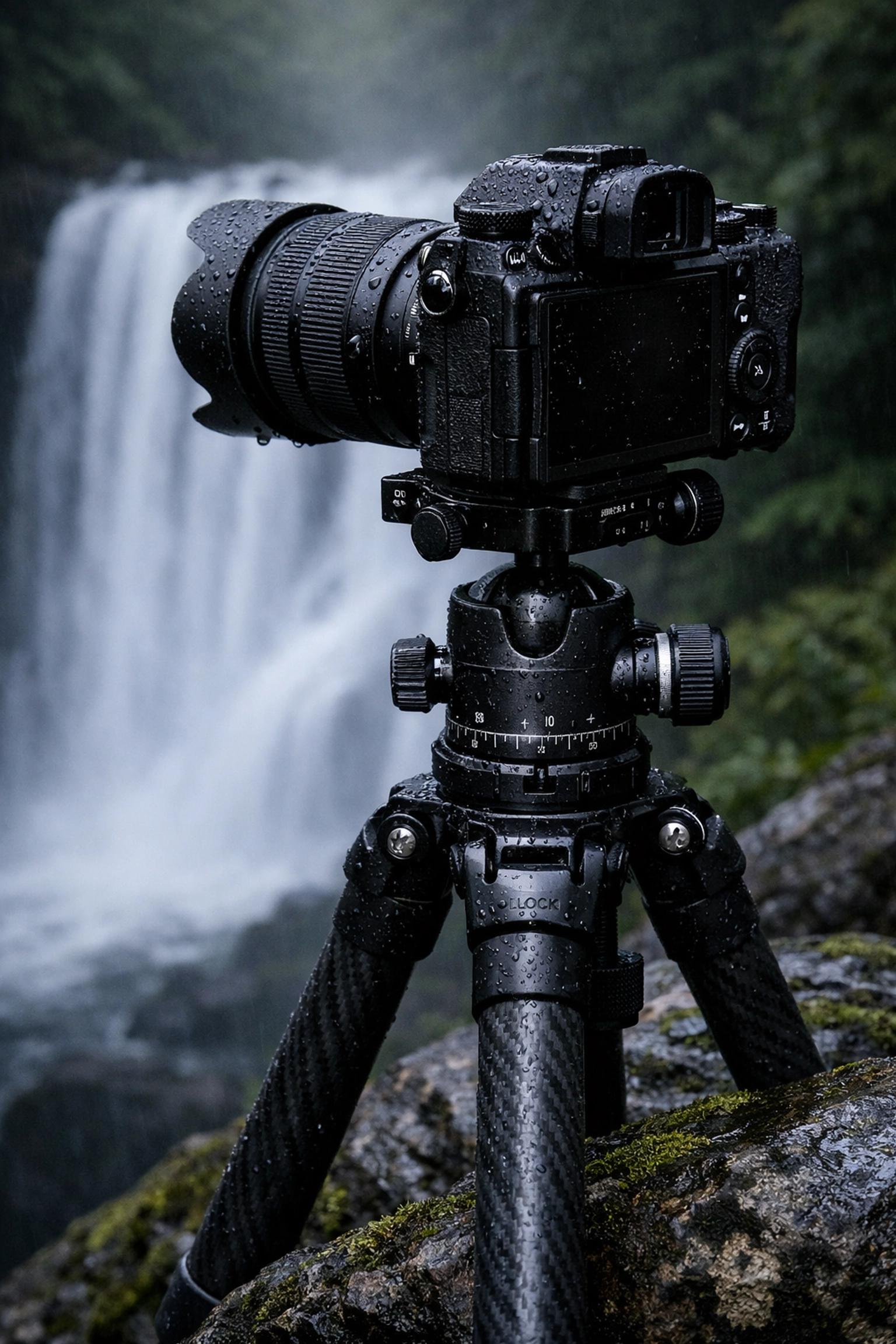 Professional camera on a tripod set up for a long exposure landscape shot of a misty waterfall.