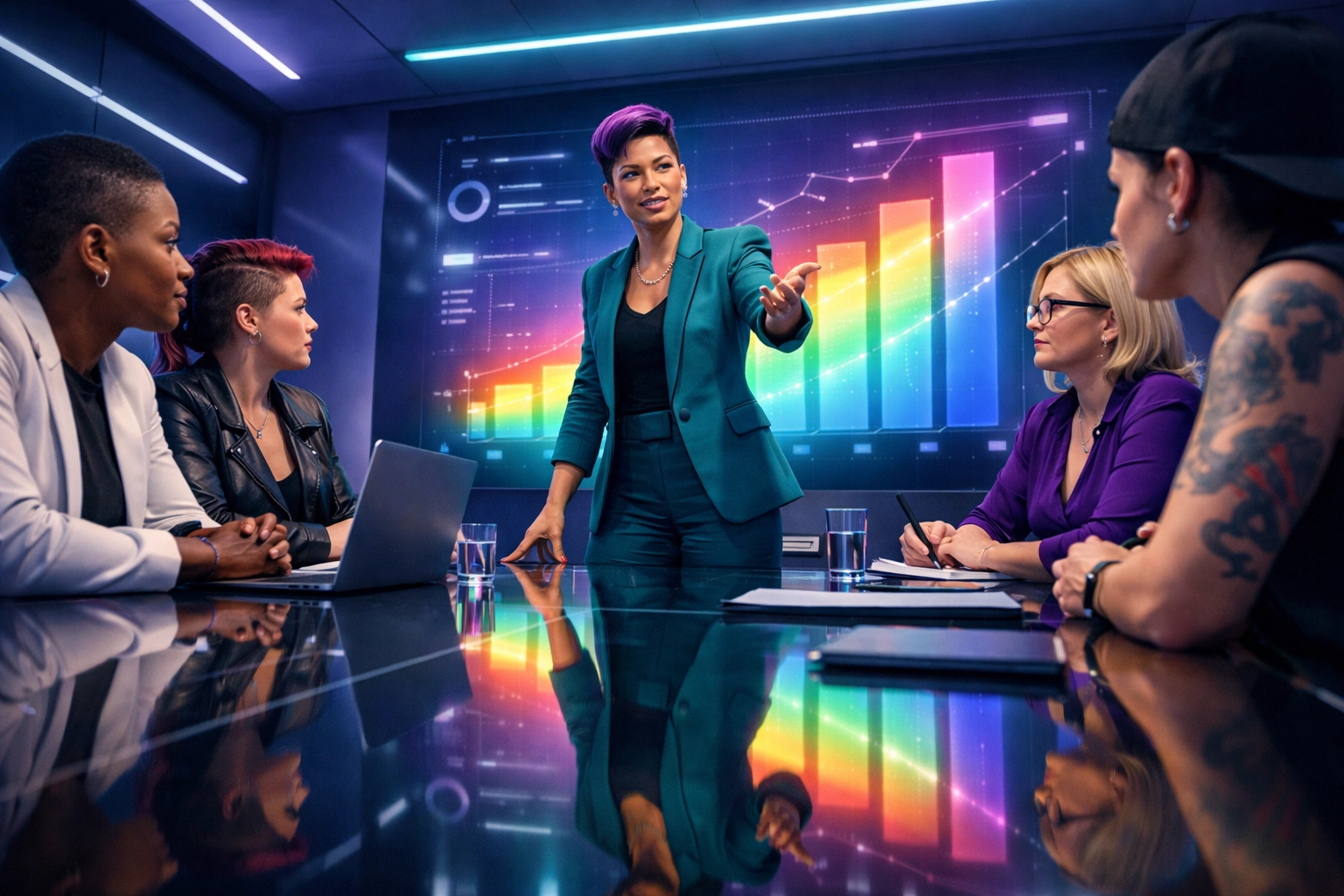 Diverse queer women leading a strategic meeting in a modern boardroom to advocate for inclusive workplace policies.