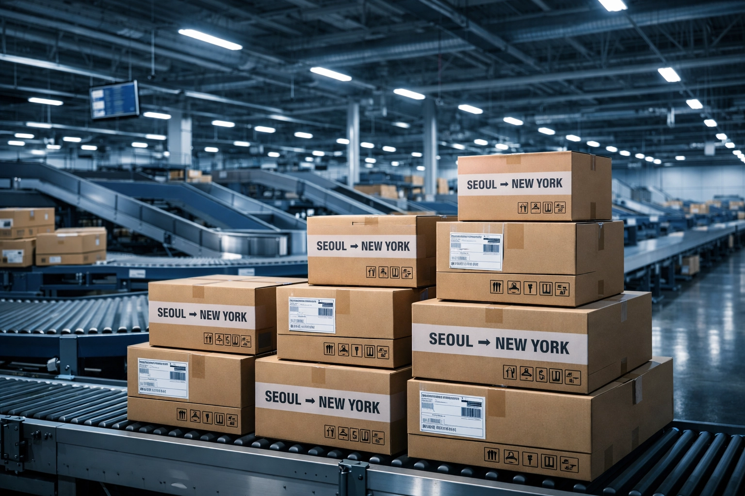 High-tech logistics facility with shipping boxes prepared for international trade between Seoul and New York.