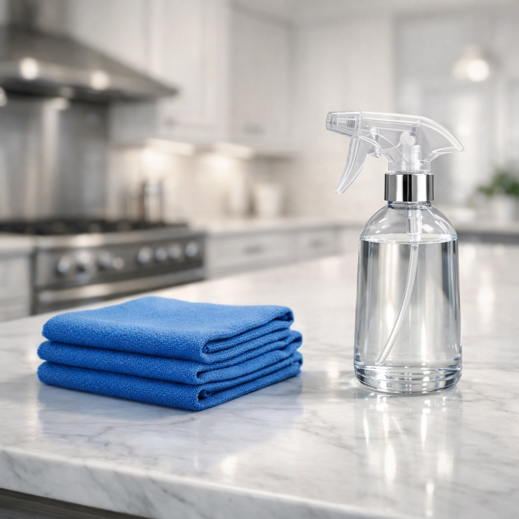 High-quality supplies used for professional house cleaning Townsend MA on a marble kitchen island.