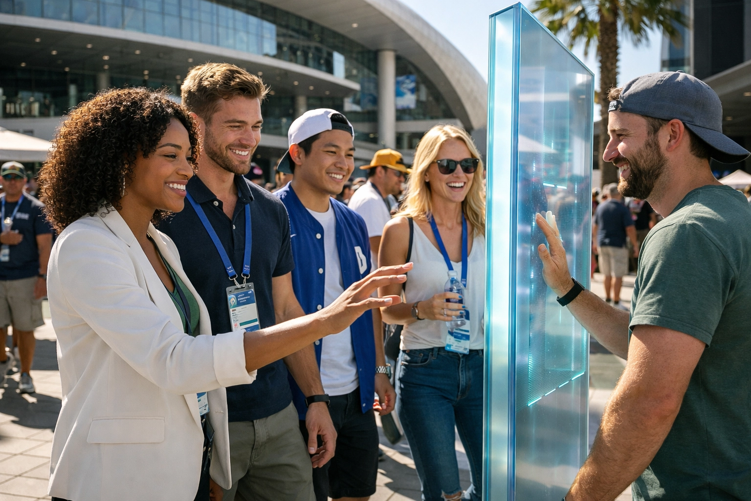 Fans interacting with an interactive brand activation at the Super Bowl 2026 fan experience plaza.