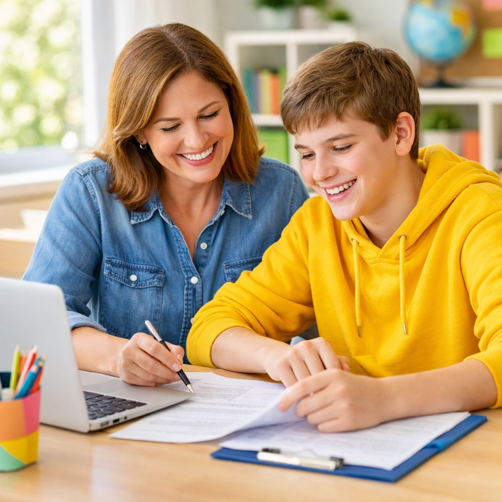 Parent and teen with autism collaborating on transition planning at desk with laptop