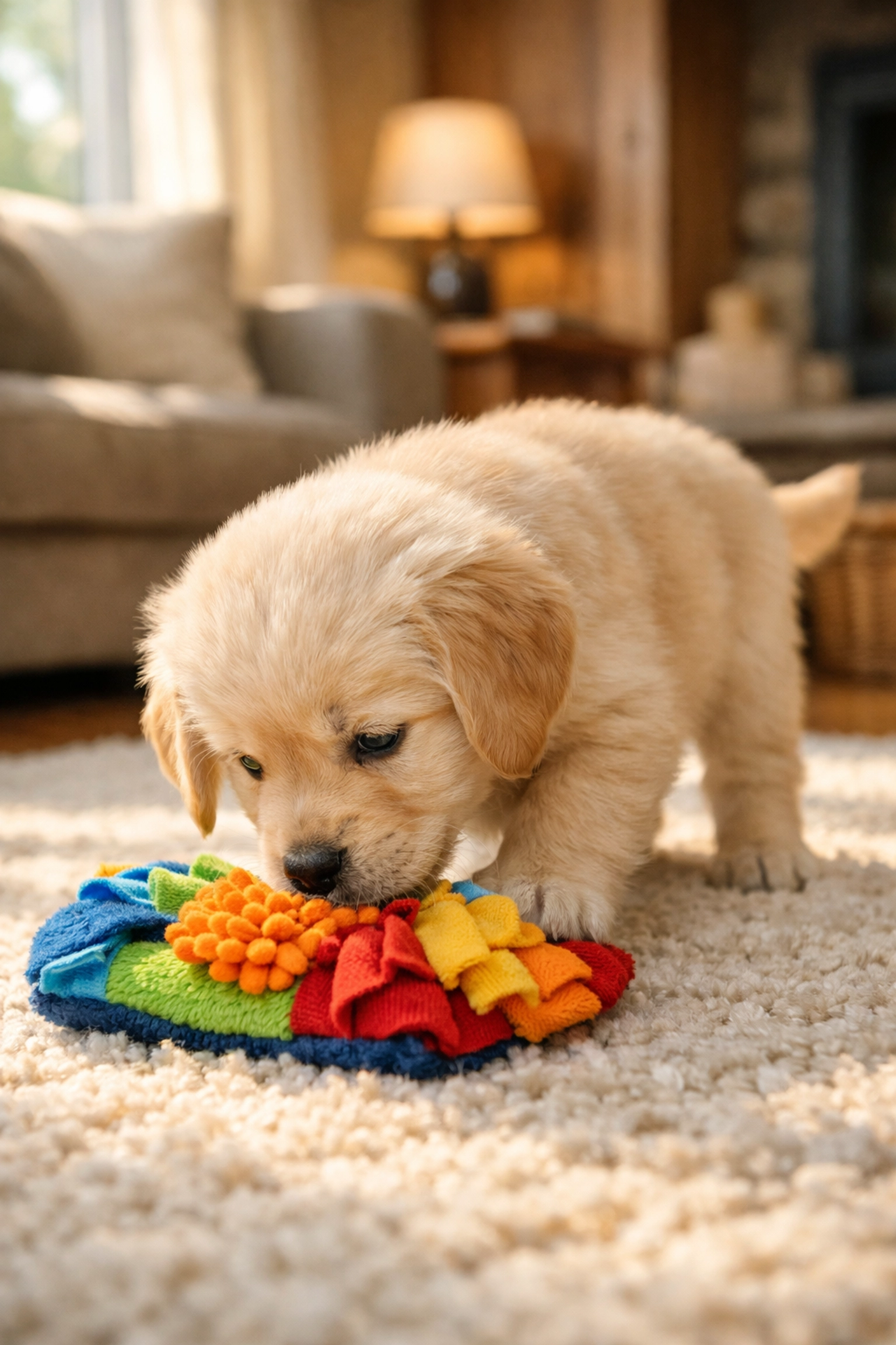 Golden Retriever puppy exploring toy during critical socialization period for therapy dog training