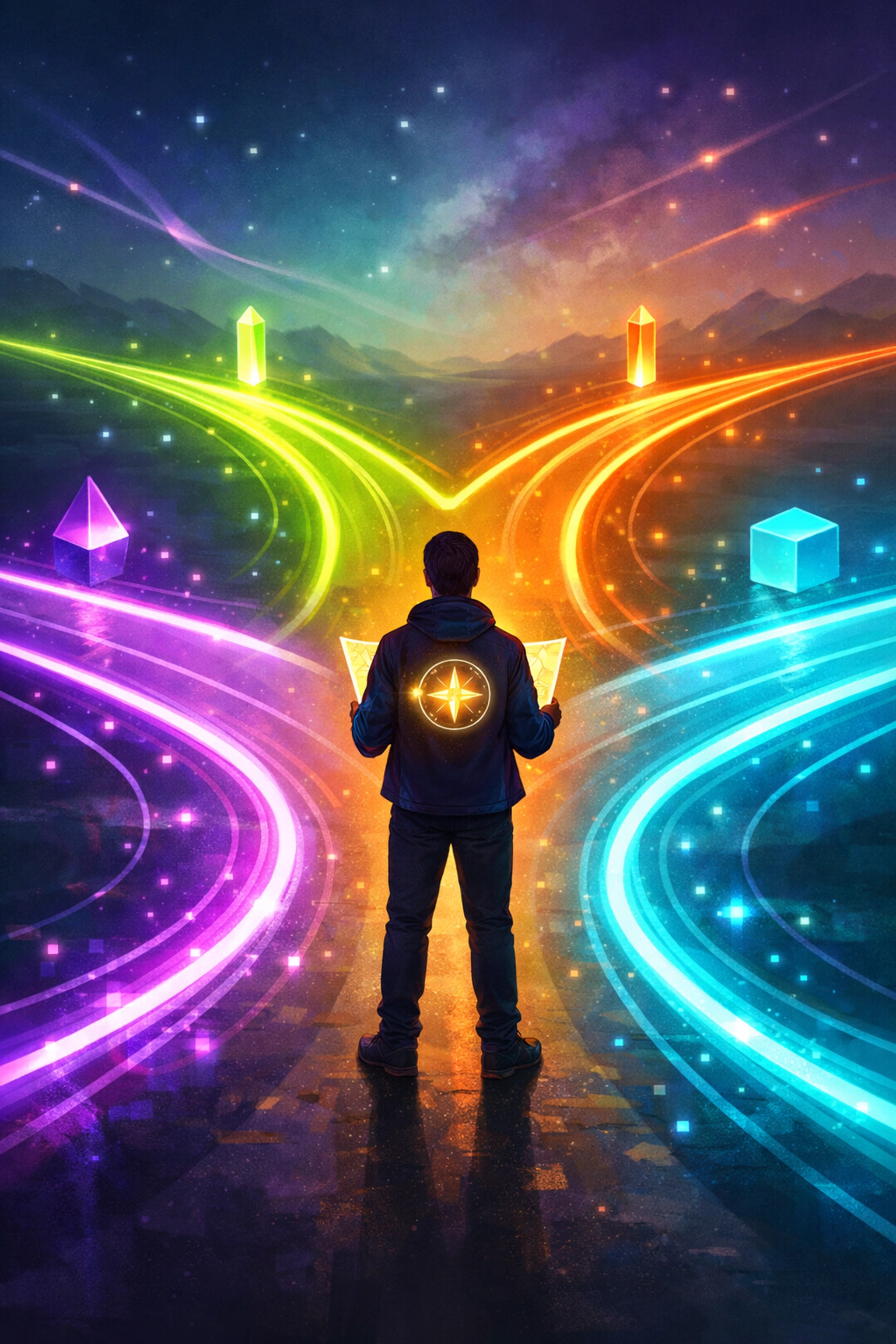 Person at a crossroads choosing between multiple dating paths and setting boundaries