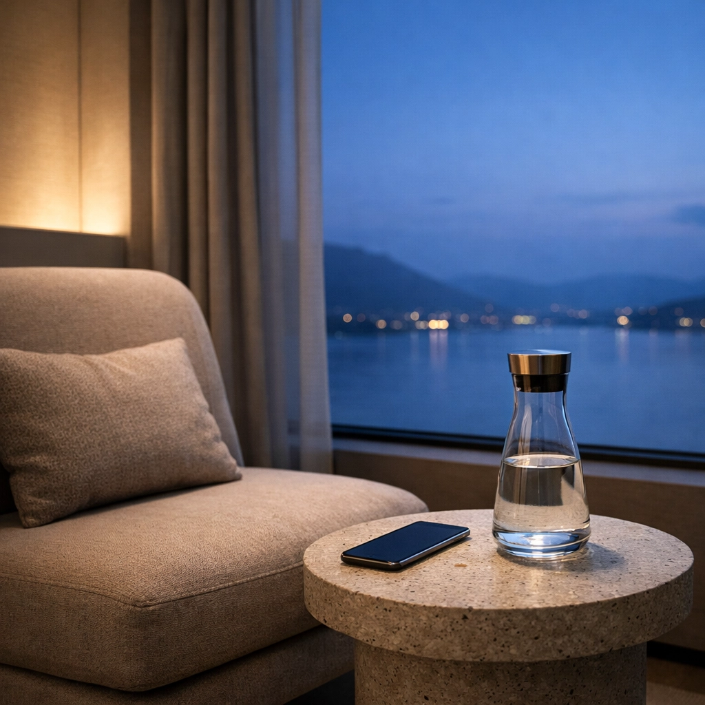 Minimalist luxury hotel suite representing guest data privacy and invisible security technology.