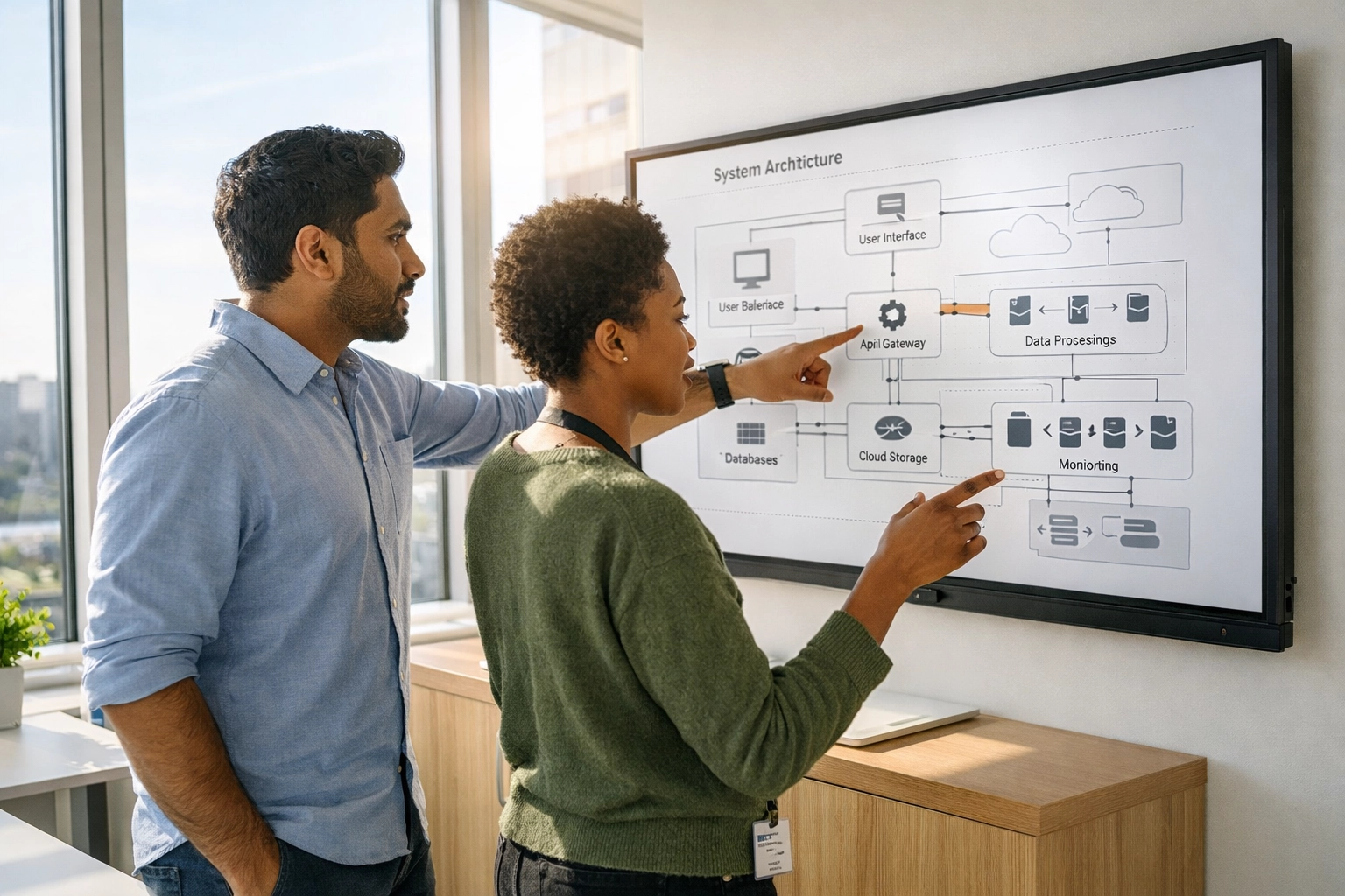 IT professionals discussing a ServiceNow consulting services strategy and architecture map for global ROI.