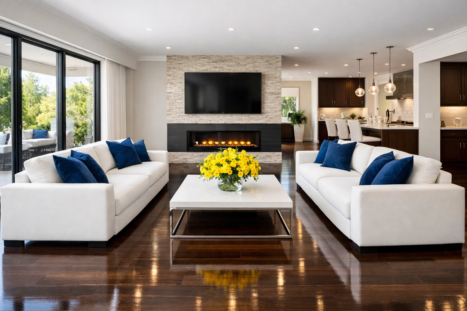 Spotless living room with polished hardwood floors following professional house cleaning Westford.