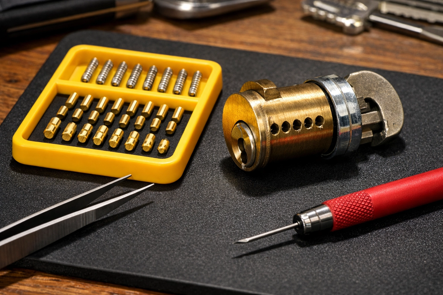 Close-up of a disassembled deadbolt lock cylinder during a professional rekeying process.