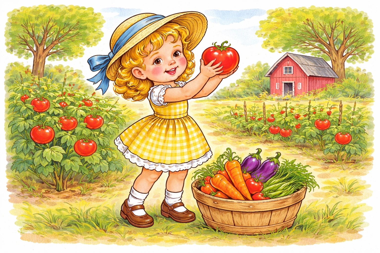 Child harvesting a ripe tomato and placing vegetables in a basket, showing reward and effort in gardening