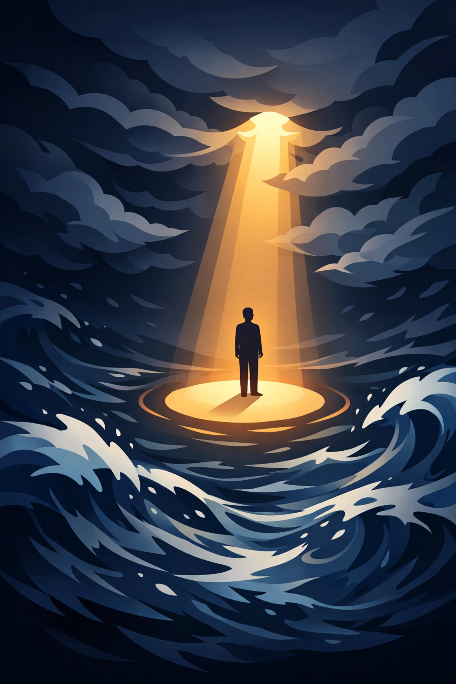 Person standing peacefully amid stormy waves finding inner peace through faith