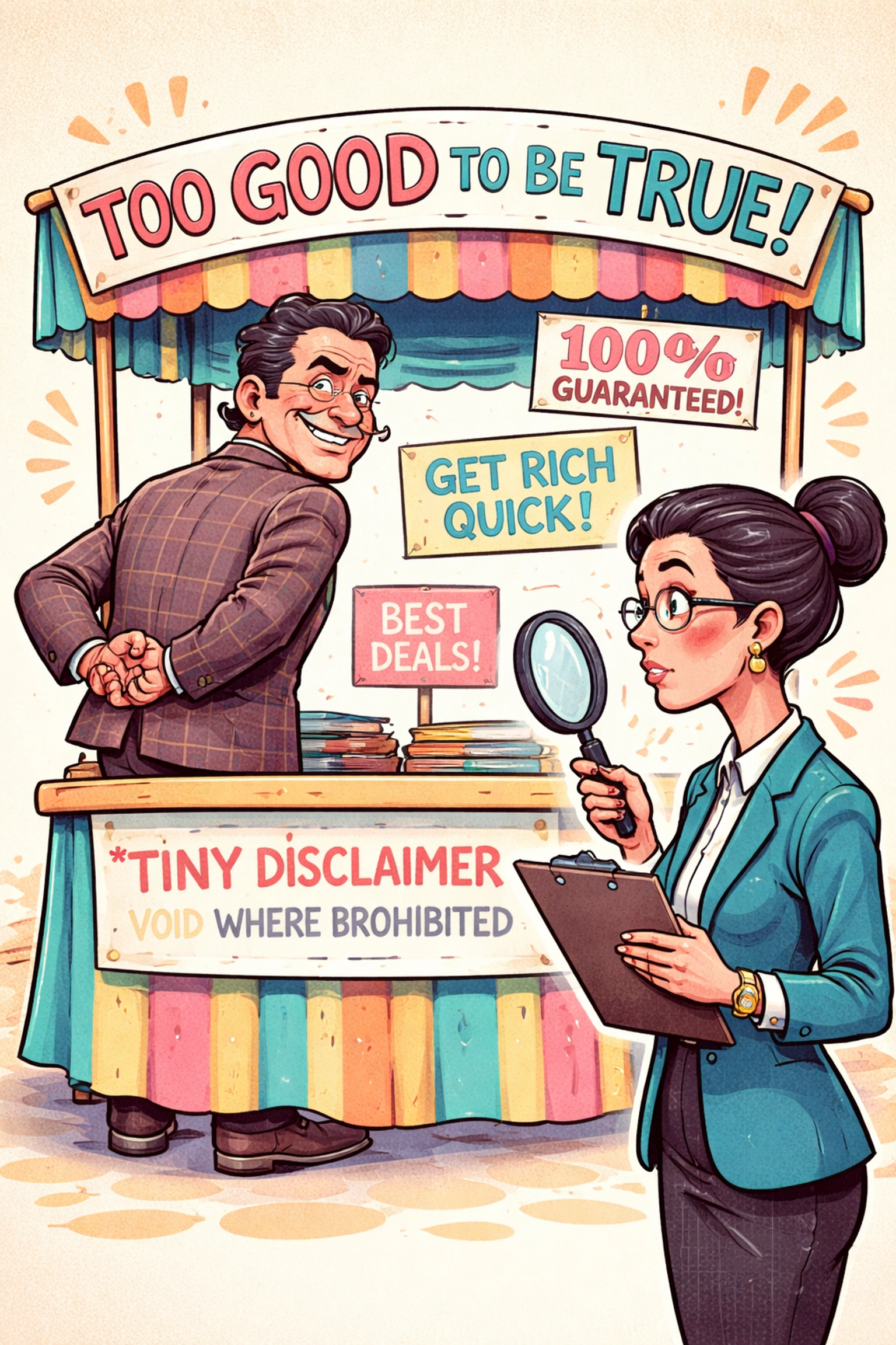 Cartoon vendor with crossed fingers and business owner using magnifying glass highlighting the need for vendor security scrutiny and skepticism