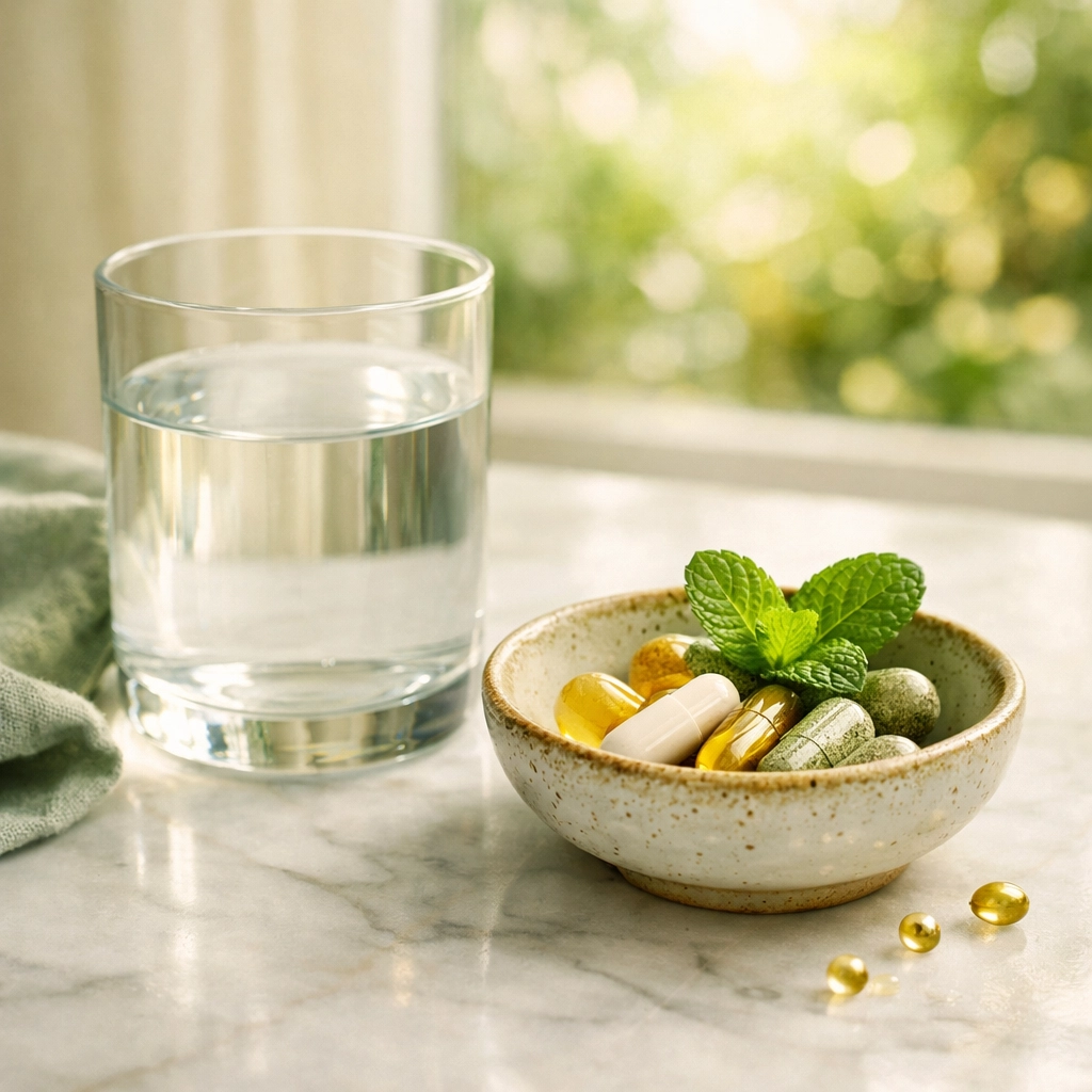 Health supplements and water on a marble surface as part of a daily PCOS wellness routine.