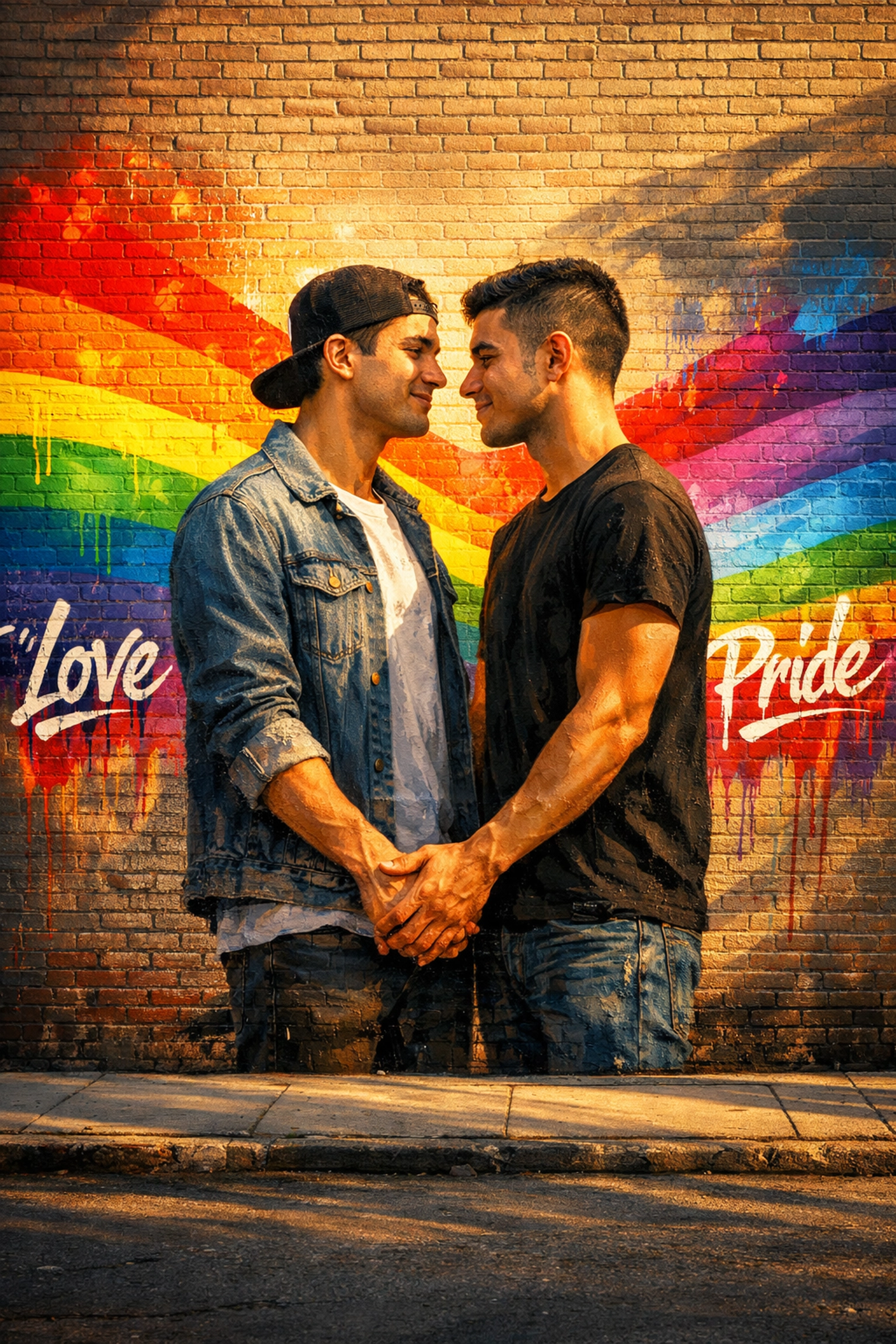 Gay street art mural showing two men holding hands with rainbow colors on urban brick wall
