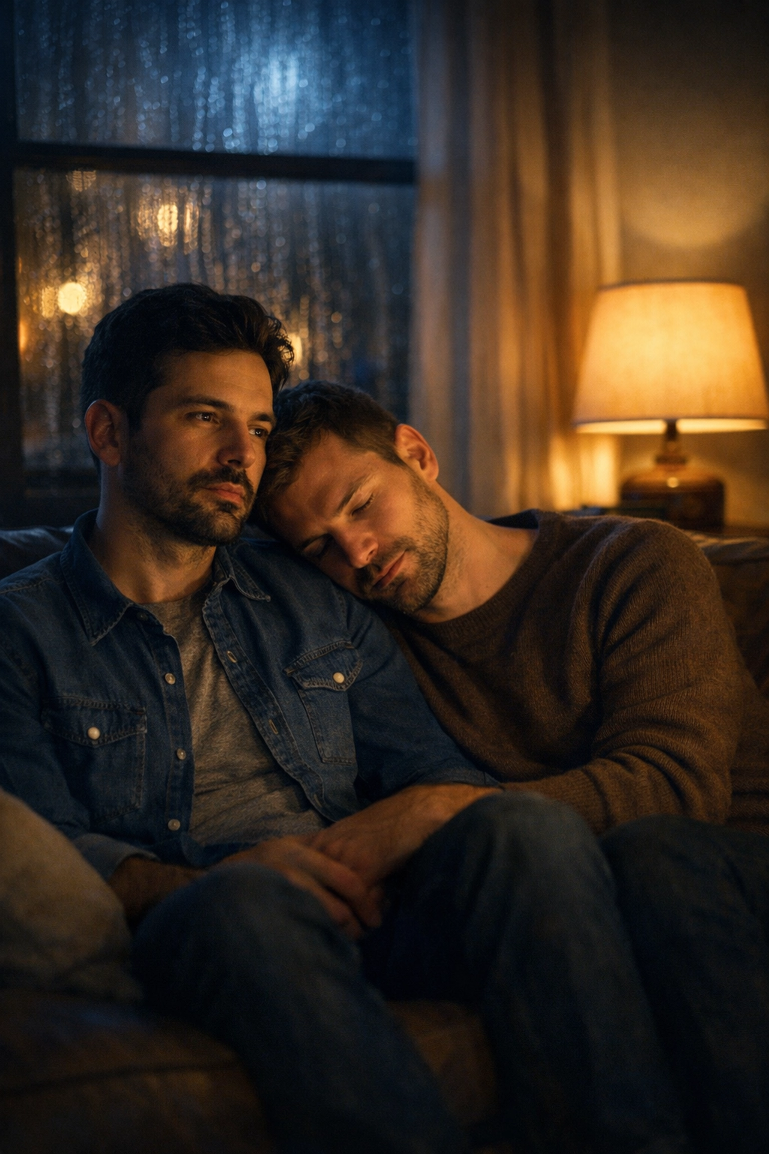 Gay couple finding comfort together during difficult times