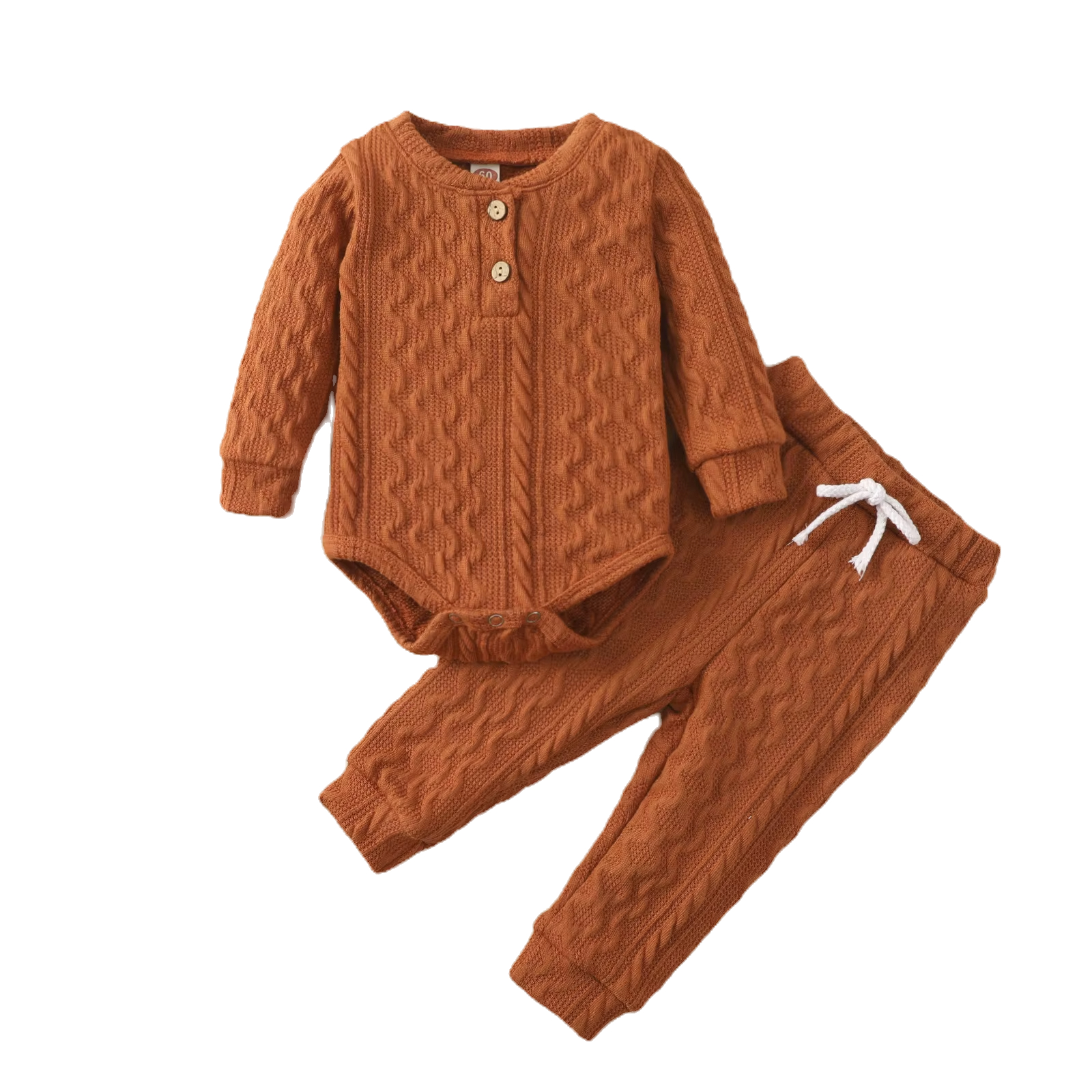 Rust-colored baby outfit with textured knit pattern. Includes a long-sleeve onesie with buttons and matching pants with a drawstring.