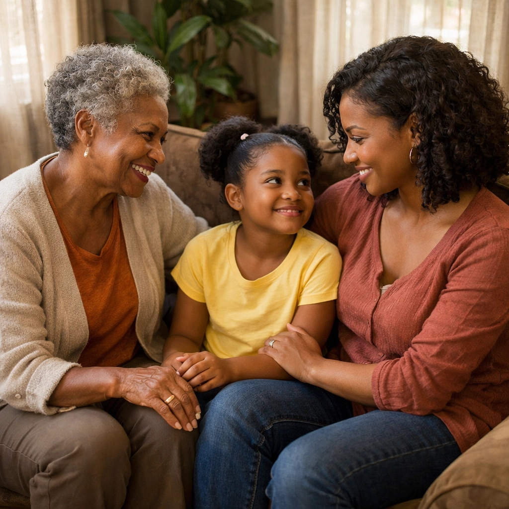 Three generations of Black women in conversation showing family connection and intergenerational healing